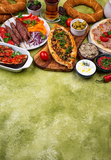 Traditional Turkish or Middle eastern dishes. Kebab, meze, pide, lahmajoun, tea and coffee