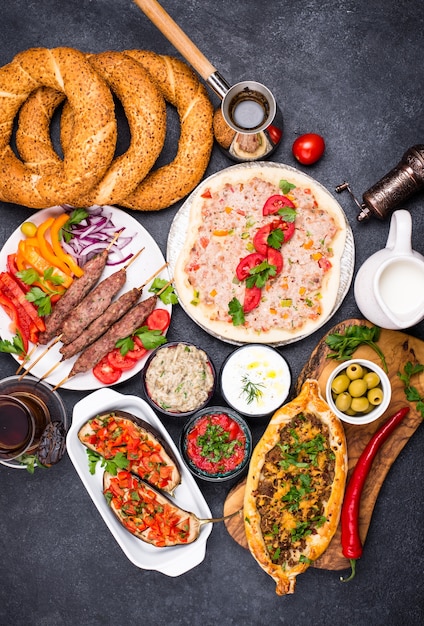 Traditional Turkish or Middle eastern dishes. Kebab, meze, pide, lahmajoun, tea and coffee