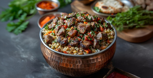 Традиционный турецкий пилаф с мясом, рисом и овощами на темном фоне