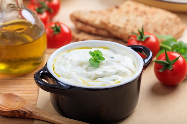 Traditional tzatziki sause on a table