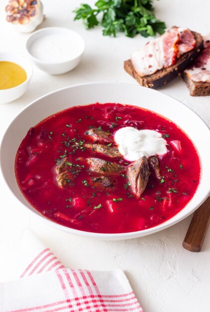 Traditional Ukrainian borscht with meat Soup Ukrainian cuisine