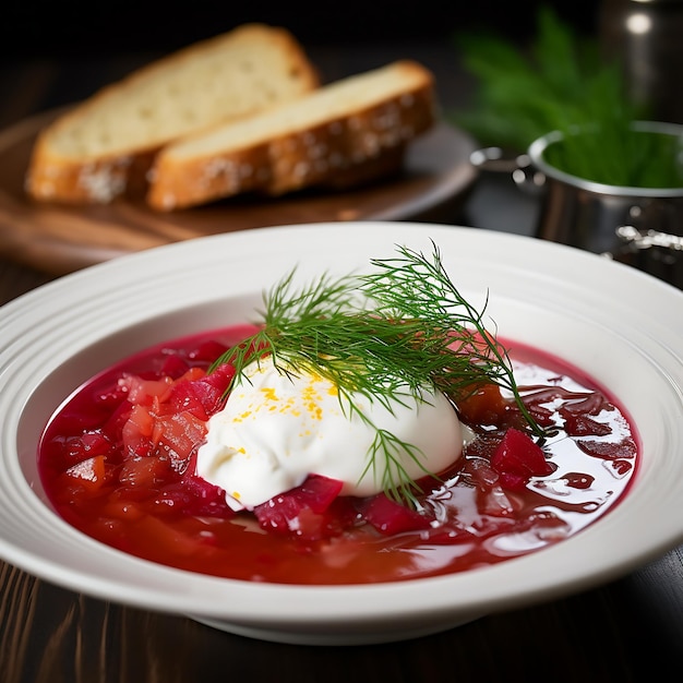 Traditional Ukrainian borscht with sour cream and dill on wooden background