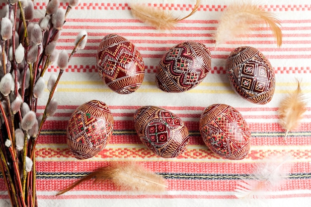 Traditional Ukrainian Easter eggs and feathers