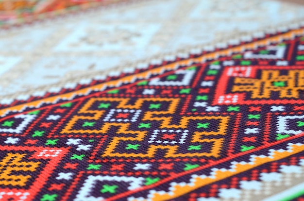 Photo traditional ukrainian folk art knitted embroidery on textile fabric