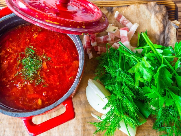 Traditional Ukrainian Russian borscht or red soup in the red pot