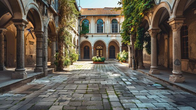 Traditional University Courtyard with Stone Walkways and Arches