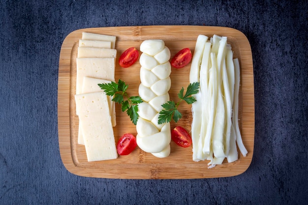 Traditional various cheeses string knitted and cecil cheese turkish delicatessen concept