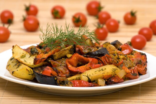 Traditional vegetable ratatouille on white plate