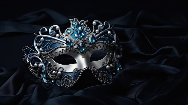 Photo traditional venetian carnival mask and blue silk on dark background