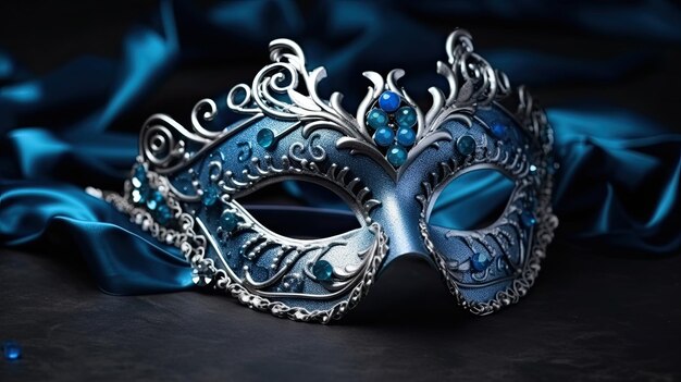 Traditional Venetian carnival mask and blue silk on dark background