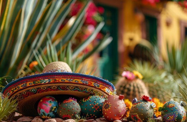 Традиционные и яркие рукописные пасхальные яйца с мексиканским сомбреро на открытом воздухе среди цветущих кактусов