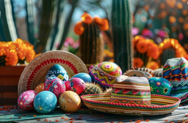 Традиционные и яркие рукописные пасхальные яйца с мексиканским сомбреро на открытом воздухе среди цветущих кактусов