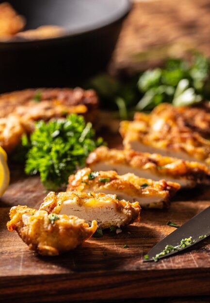 Traditional Viennese chicken Schnitzel on a wooden board.