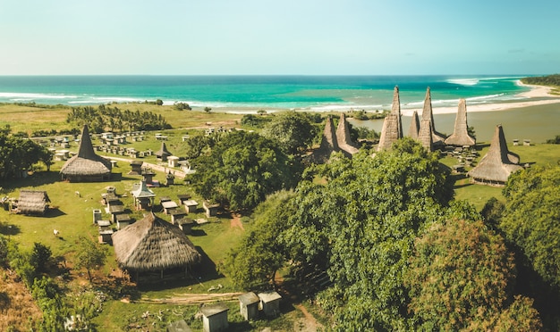 Traditional village. Aerial drone shot. Indonesia. Authentic huts called