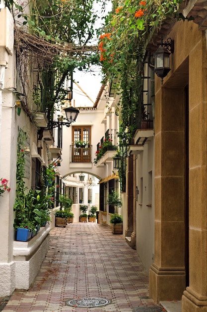 Foto case tradizionali del villaggio e strada stretta nel centro storico di marbella