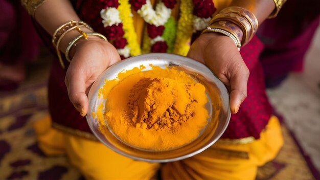 Traditional wedding ceremony in hinduism turmeric in plate for haldi ceremony