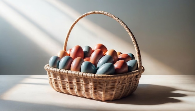 Traditional wicker basket filled with Easter eggs