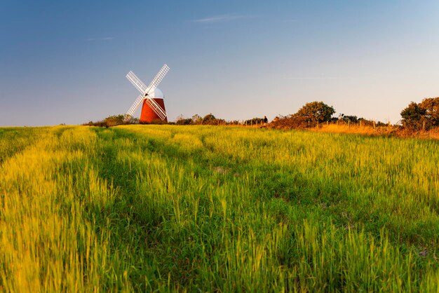 Traditional windmill on land against sky at sunset