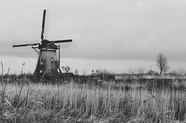 Фото Традиционная ветряная мельница на поле на фоне неба
