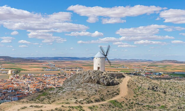 Traditional windmills of Castilla La Mancha. Toledo, Spain.windmills that were used to grind the cereal