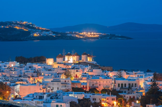 Traditional windmills at sunset, Santorini, Greece