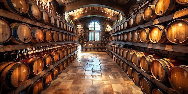 Traditional Wine Cellar with Oak Barrels Vineyard Aging Process