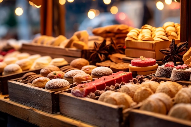 Traditional winter cookies and sweets for sale at a street market Ai generated