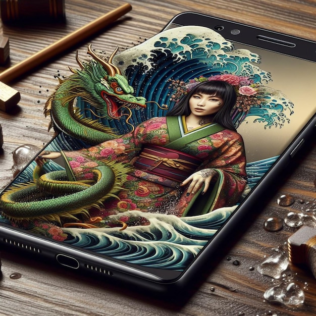 традиционная женщина носит платье городской горизонт закат китайский дракон год мобильный экран телефона на столе