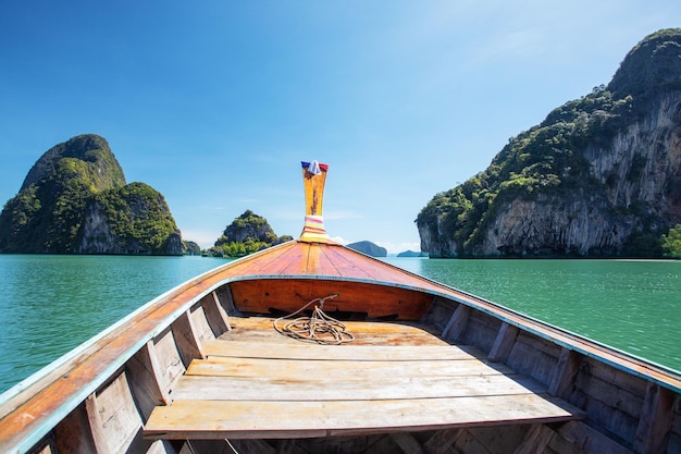 Traditional wooden boat in beautiful tropical bay on Koh Phi Phi Island Thailand Asia Summer travel vacation in Southeast Asia