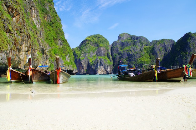 Traditional wooden boats in the seashore