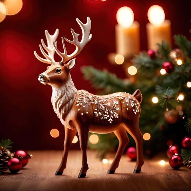 Traditional wooden carved reindeer festive Christmas ornament with intricate details and carvings