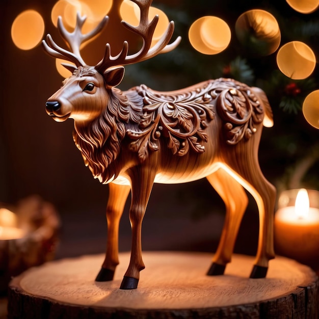 Traditional wooden carved reindeer festive Christmas ornament with intricate details and carvings