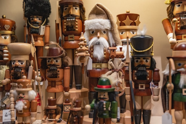 Traditional wooden Christmas toys on the showcase