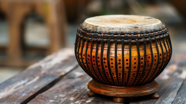 A traditional wooden drum sits on a wooden table The drum is made of a hollowedout log with a goatskin head