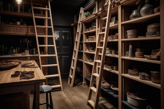 Traditional Wooden Ladders Leading To High Shelves Generative AI