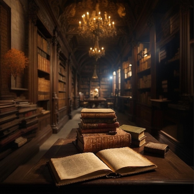 Traditional wooden steps in vintage library