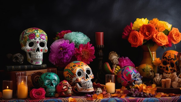 a traditionally painted sugar skull on an altar celebrating the Day of the Dead