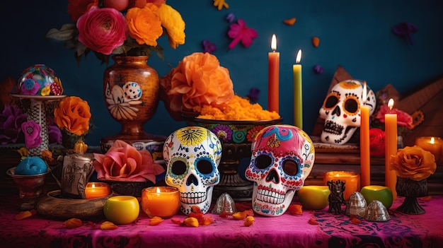 a traditionally painted sugar skulls on an altar celebrating the Day of the Dead