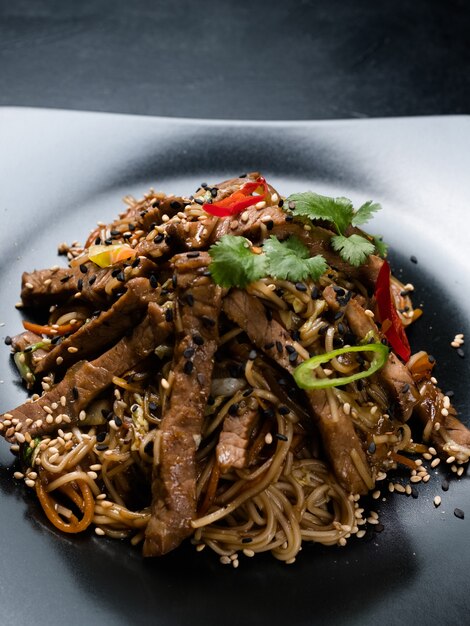 Traditioneel Aziatisch keukenvoedsel dat ambacht voorbereidt. rijst noodle beef op een bord