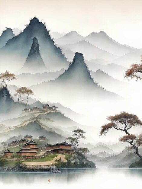 Traditioneel Chinees huis heuvellandschap landschap aquarel behang oosterse achtergrond