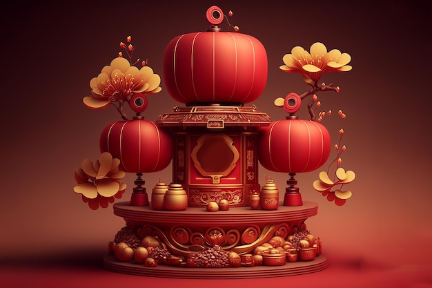 Traditioneel Chinees nieuwjaarspodium met kersenbloesem