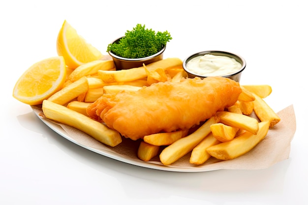 Traditioneel Engels eten fish and chips geïsoleerd op een witte achtergrond