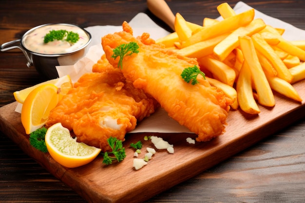 Traditioneel Engels eten fish and chips op houten tafel