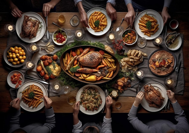 Traditioneel familie Thanksgiving-diner geserveerd op houten tafel van bovenaf