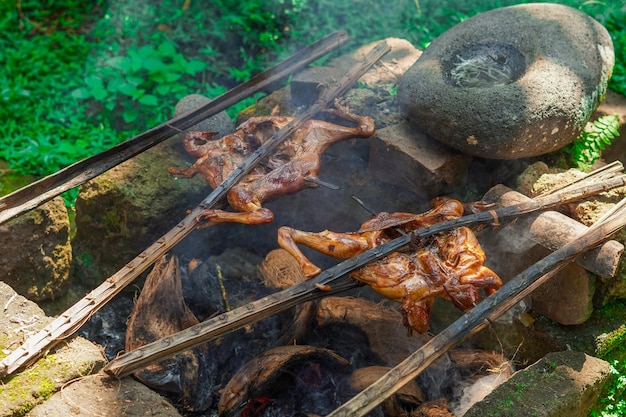 Traditioneel gerookte gegrilde kip met hout en kokosnoothuid premium foto