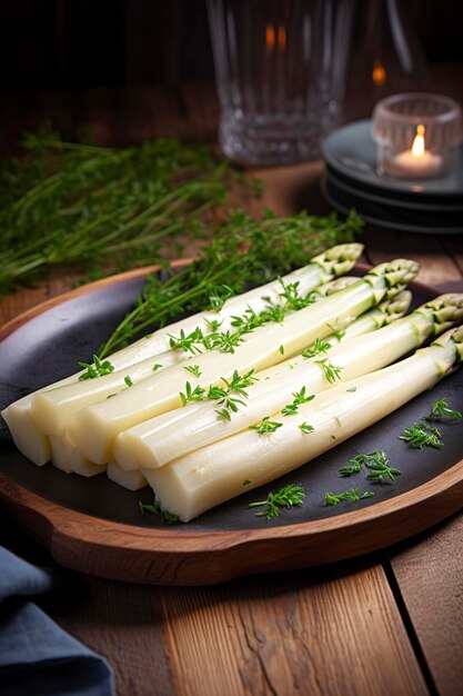 Traditioneel gestoomde witte asperges in moderne stijl met botersaus en tuinkers geserveerd close-up op een Scandinavisch designbord genereren ai