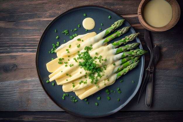 Traditioneel gestoomde witte asperges in moderne stijl met botersaus en tuinkers geserveerd close-up op een Scandinavisch designbord genereren ai