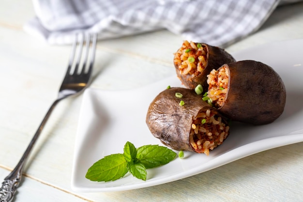 Traditioneel heerlijk Turks eten; gedroogde aubergine gevuld (Turkse naam; Kuru patlican dolmasi)