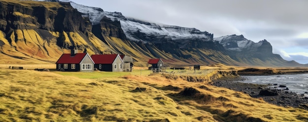 Traditioneel IJslands landschap met huis zwart zand groen lavalandschap Generatieve ai