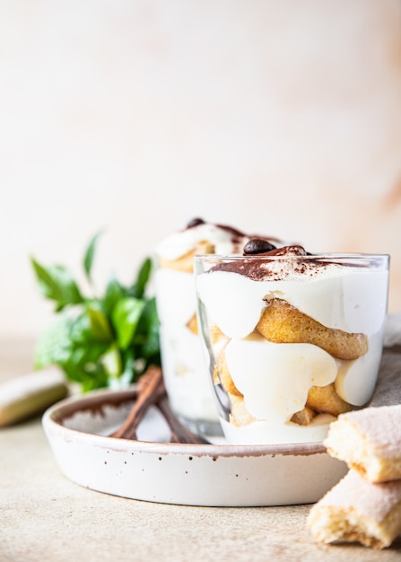 Traditioneel Italiaans dessert tiramisu Dessert met koffiesmaak gemaakt van lange vingers en mascarpone